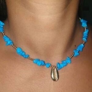 NEW Blue and Gold Beach Sea Shell Pendant Necklace